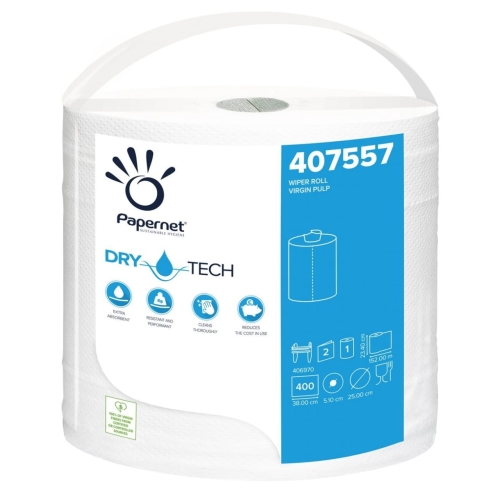 Ręcznik Dry Tech w dużej roli | Papernet 407557 | Biały | Celuloza 2W | 400 odcinków/152 m 