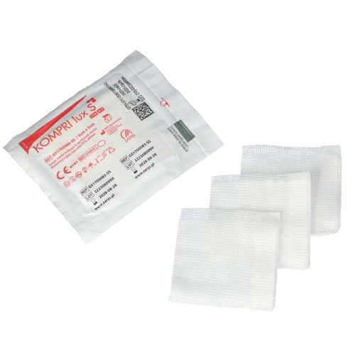 Kompres z gazy sterylny | 5cm x 5cm x 3 szt. | bez nitki RTG | KOMPRI lux S | 50 opakowań