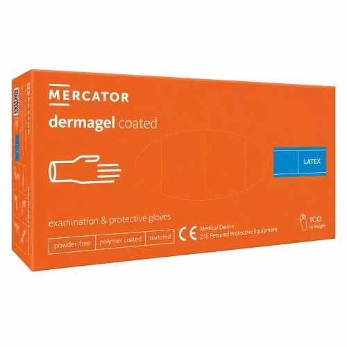 Rękawice lateksowe bezpudrowe, diagnostyczne i ochronne | Mercator dermagel coated | 100 s.webp