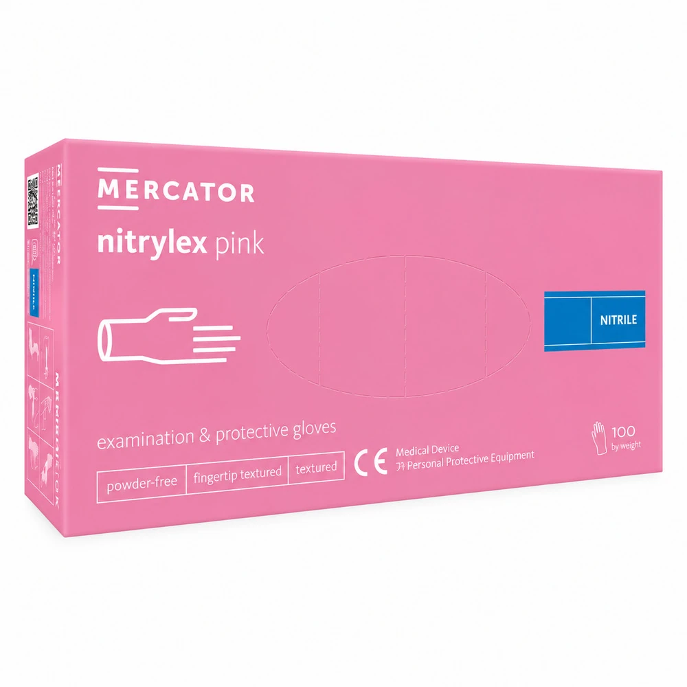 Rękawice nitrylowe bezpudrowe, różowe, diagnostyczne | Mercator nitrylex pink | 100 szt..webp